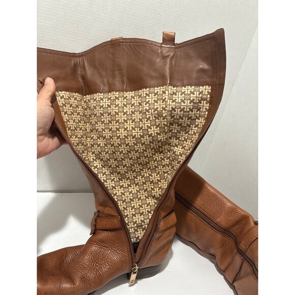 Tory Burch Brown Leather Tall Riding Women’s Boots Shoes Size 7 logo accent - Picture 10 of 12